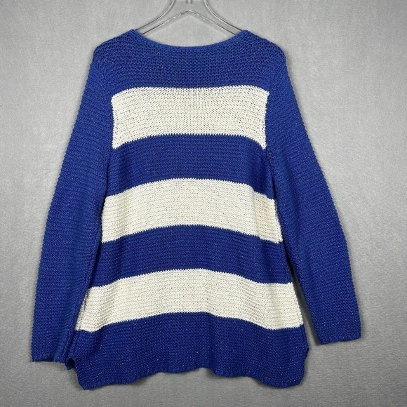 Chico's Sweater Top Size 3/XL Blue Striped Metallic Gold Open Knit Pullover - Picture 12 of 13